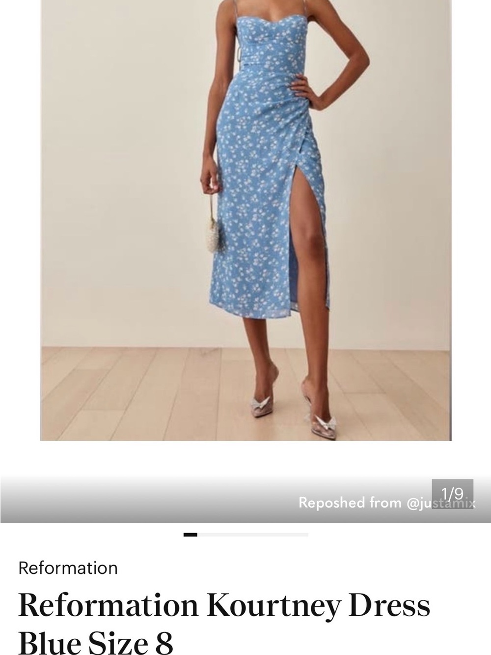 Reformation Blue Floral Slip Dress with High Side Slit